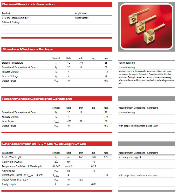 GaAs Semiconductor Laser Diode 670 nm Tapered Amplifier C-Mount Package ...