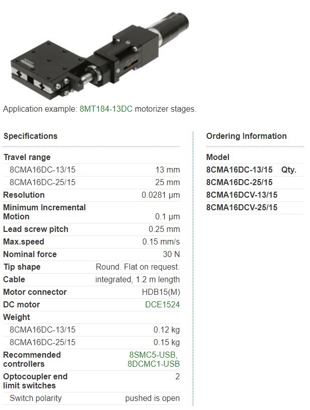 8CMA16DC - Ultra-High Resolution Compact Motorized Actuator (DC Motor ...